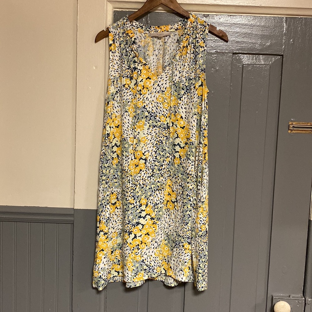 LOFT Yellow & Blue Floral  V-Neck Pleated Neck Sleeveless Dress